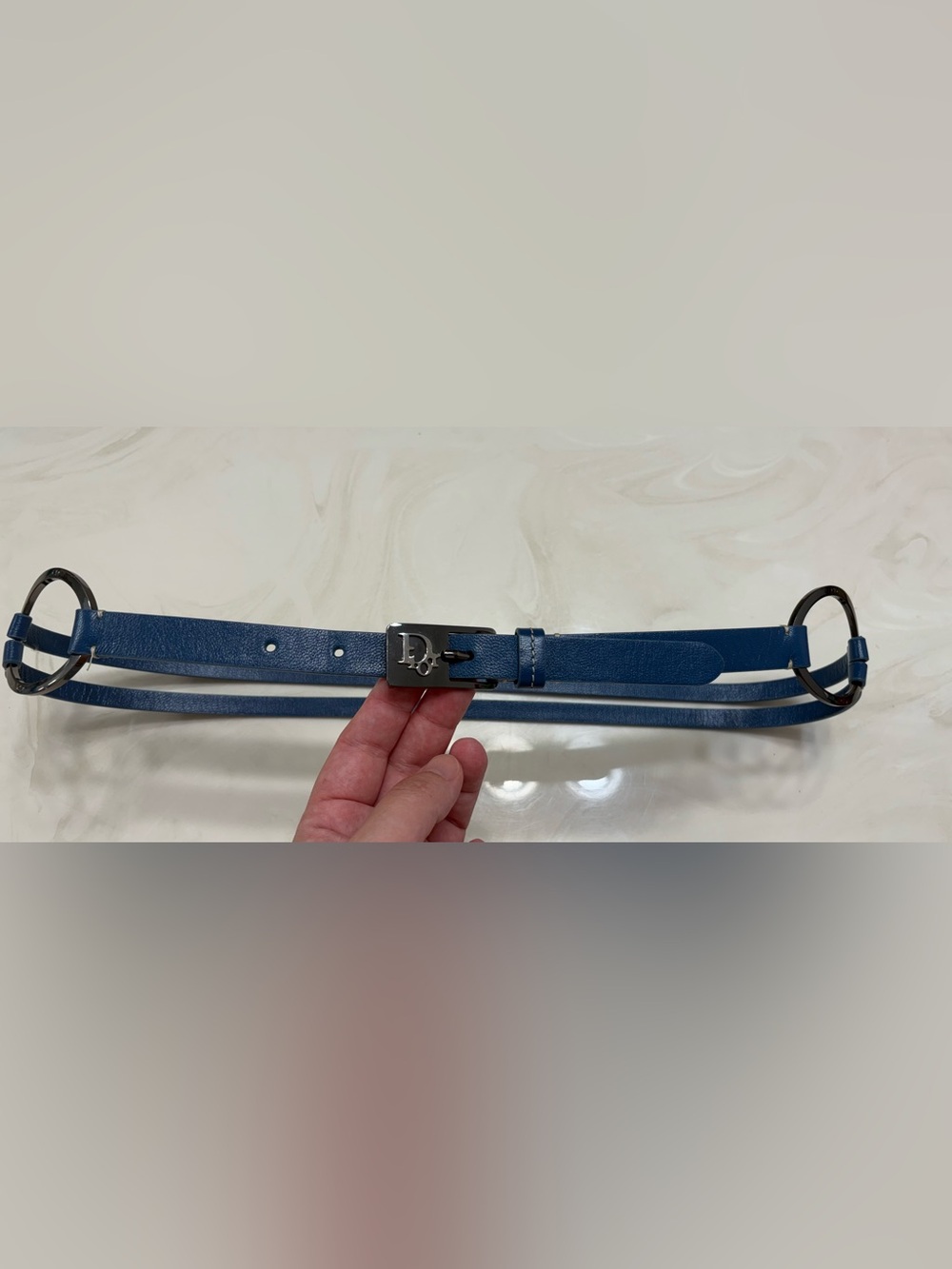 Dior Blue Leather womens Belt with Silver Logo Buckle